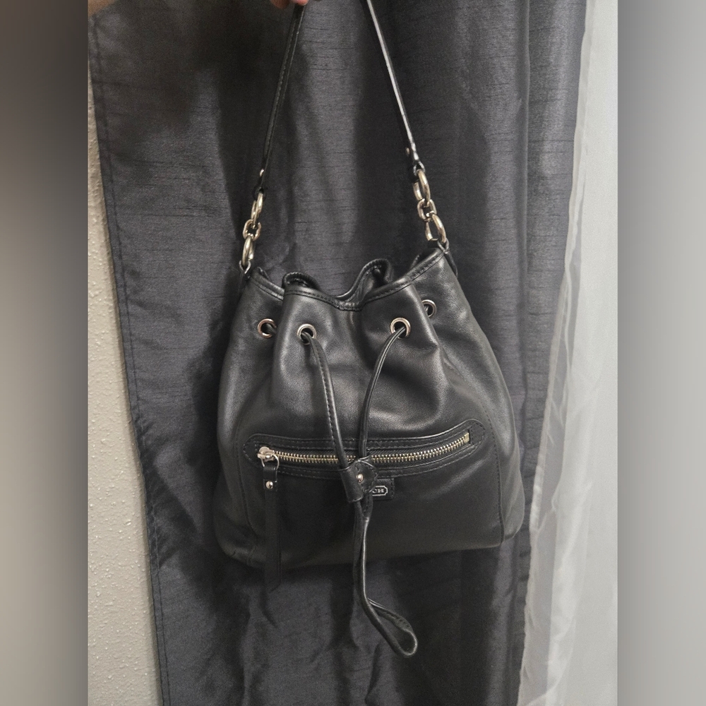 ( SOLD)Coach Black Leather Drawstring Closure
